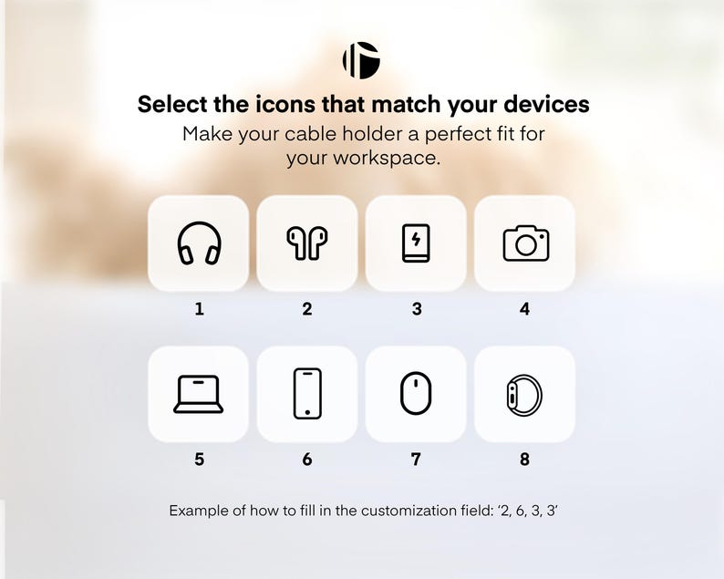 Puede incluir: Imagen con iconos de dispositivos electr&oacute;nicos: auriculares, auriculares, puerto de carga, c&aacute;mara. El texto invita a seleccionar los iconos que coincidan con los dispositivos. Se proporciona un ejemplo de personalizaci&oacute;n.