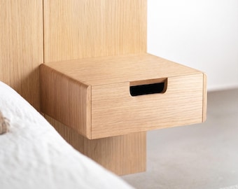 Solid Oak Floating Nightstand with Drawer: Minimalist Wall Mounted Bedside Table