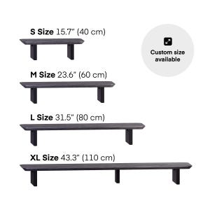 May include: Four dark gray wooden benches of varying sizes are displayed. The sizes are labeled: S Size 15.7" (40 cm), M Size 23.6" (60 cm), L Size 31.5" (80 cm), and XL Size 43.3" (110 cm). A circular graphic indicates custom sizes are available.