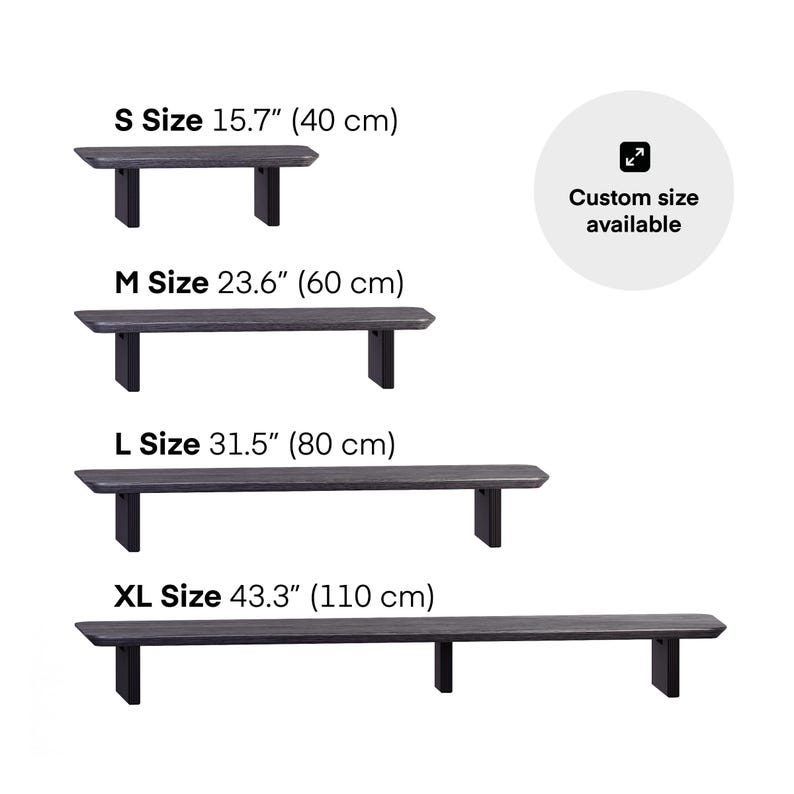 May include: Four dark gray wooden benches of varying sizes are displayed. The sizes are labeled: S Size 15.7" (40 cm), M Size 23.6" (60 cm), L Size 31.5" (80 cm), and XL Size 43.3" (110 cm). A circular graphic indicates custom sizes are available.