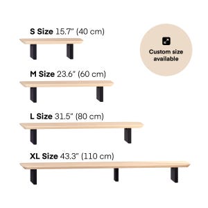 May include: Four wooden benches of varying sizes, labeled S, M, L, and XL. The S size is 15.7 inches (40 cm), M is 23.6 inches (60 cm), L is 31.5 inches (80 cm), and XL is 43.3 inches (110 cm). Each bench has a light wood top and black legs. Text indicates custom sizes are available.