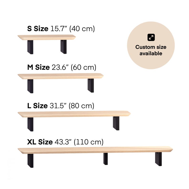 May include: Four wooden benches of varying sizes, labeled S, M, L, and XL. The S size is 15.7 inches (40 cm), M is 23.6 inches (60 cm), L is 31.5 inches (80 cm), and XL is 43.3 inches (110 cm). Each bench has a light wood top and black legs. Text indicates custom sizes are available.