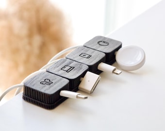 Cable Organizer Personalized Magnetic Black Oak Wooden Cord Holder: Tech Lover Gift
