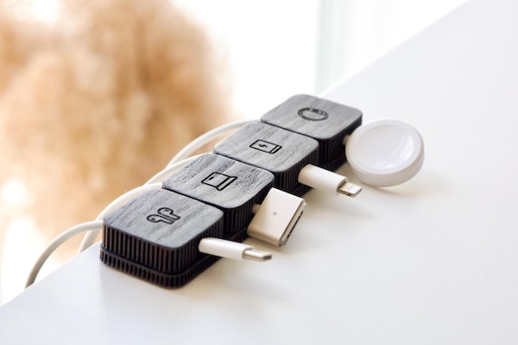 Cable Organizer Personalized Magnetic Black Oak Wooden Cord Holder: Tech Lover Gift
