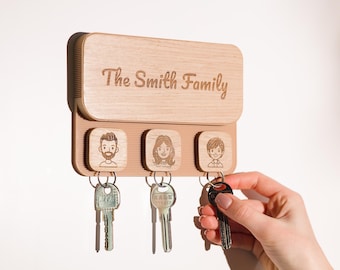 Personalized Wooden Key Holder For Wall: Custom Family Portrait Keychain, Housewarming Gift, Mother Gift