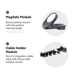 May include: A black MagSafe phone mount with a white circular charging area and a black cable holder module with four magnetic clips. Text reads "MagSafe Module" and "Cable Holder Module".
