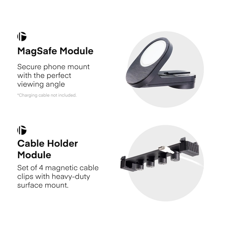 May include: A black MagSafe phone mount with a white circular charging area and a black cable holder module with four magnetic clips. Text reads "MagSafe Module" and "Cable Holder Module".