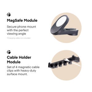 May include: A black MagSafe phone mount with a white charging surface and a black cable holder module with four magnetic clips. Text reads "MagSafe Module" and "Cable Holder Module".