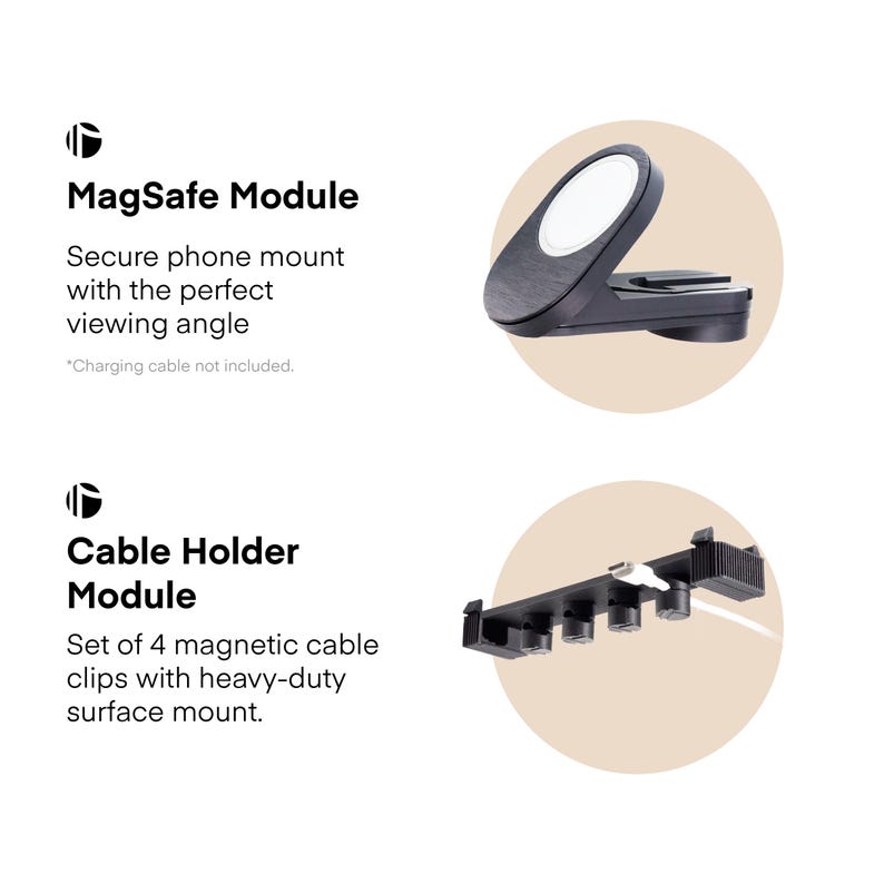 May include: A black MagSafe phone mount with a white charging surface and a black cable holder module with four magnetic clips. Text reads "MagSafe Module" and "Cable Holder Module".