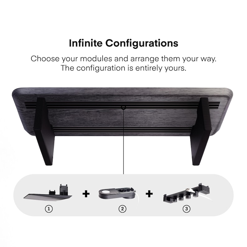 May include: A modular desk setup with a dark wood-grain finish and black supports. The image includes the text "Infinite Configurations" and shows various module options for customization. The configuration is entirely yours.