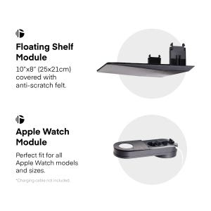 May include: A black floating shelf module, 10" x 8", covered with anti-scratch felt, and an Apple Watch module. The Apple Watch module is designed to fit all Apple Watch models and sizes. The image also includes text.