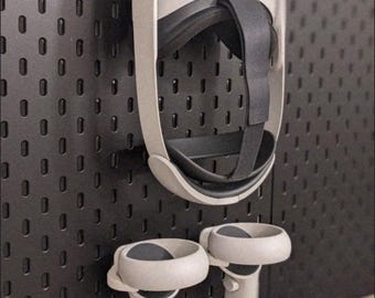 Uchwyt Meta Quest 2 do tablicy perforowanej Skadis, zestawu słuchawkowego i kontrolera, kompatybilny z tablicami perforowanymi IKEA, rozwiązaniem do przechowywania i eksponowania ścian VR