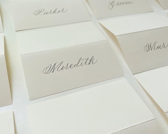 Handwritten Calligraphy Place Cards: tent wedding place cards custom day of stationary folded rushed name cards names rehearsal dinner