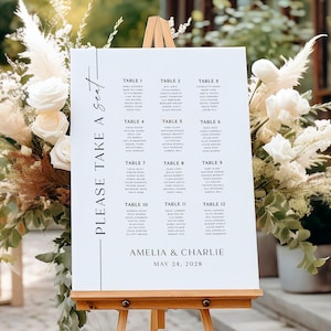 Modernes minimalistisches Sitzplanschild für die Hochzeit, bearbeitbare druckbare Tischplanvorlage, elegantes Sitzplanschild für den Empfang, sofortiger Download