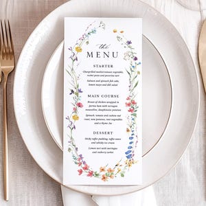 Wildflower Wedding Menu Card Template, Editable Wedding Thank You Note with QR Code, Printable Reception Dinner Menu Card, Instant Download