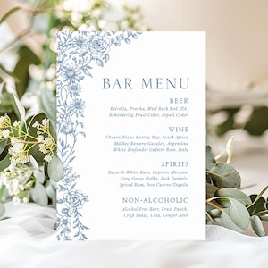 Blue Toile Wedding Bar Menu, Elegant French Floral Bar Sign Template, Chinoiserie Reception Drinks Menu, Editable Printable Drink Sign