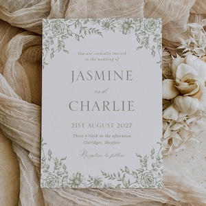 May include: Wedding invitation featuring the names "Jasmine and Charlie" and the date "21st August 2027". The invitation has a floral border in a soft green hue and includes the time and location of the ceremony.