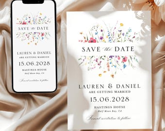 Wildflower Electronic Save the Date Template | Boho Floral Wedding Evite | Editable Digital Invite | Instant Download | Printable Invitation