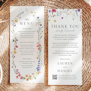 May include: Two elegant wedding menu cards and a thank you card. The menu card features a floral border with the text "The Menu" and a list of dishes. The thank you card says "Thank You Family & Friends" with a QR code.