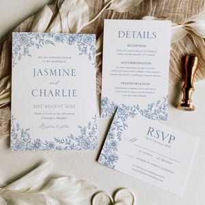Conjunto de convites de casamento em azul francês empoeirado, conjunto elegante de convites florais vintage, modelo editável, pacote de casamento para impressão digital
