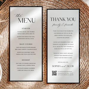 Menü und Dankeschön, Modernes minimalistisches Hochzeitsmenükartenset, Elegante Dankeschön-Serviettennotiz, Printable Download-Empfangsmenü
