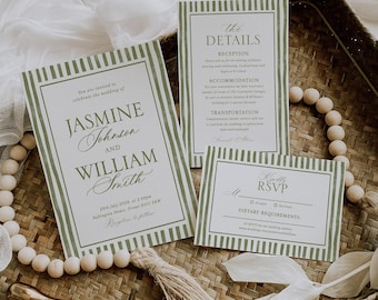 Sage Green Stripe Wedding Invitation Suite, Vintage Invite Set, Elegant Editable Template, Digital Download, Printable Wedding Bundle