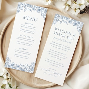 Staubiges französisch blaues Hochzeitsmenü und Dankeschön, bearbeitbares Hochzeitsmenükartenset mit Blumenmuster, bedruckbares Download-Empfangsmenü