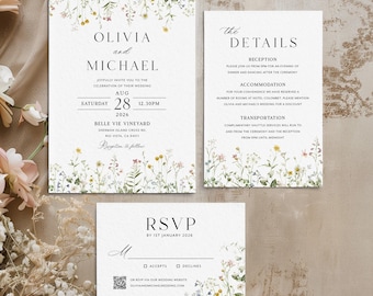 Wildflower Wedding Invitation Suite, Printable Boho Floral Invitation Template, Editable Invite Set With QR Code, DIY Instant Download