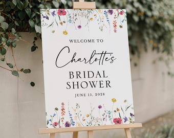 Wildflower Bridal Shower Welcome Sign Template, Boho Floral Printable Wedding Shower Sign, Editable Shower Welcome Poster, Instant Download