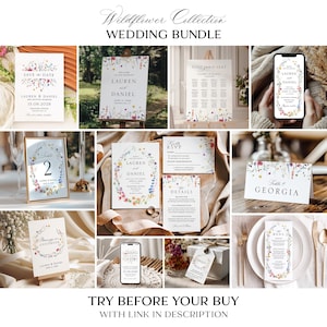 Wildflower Wedding Bundle, Editable Boho Floral Template Package, Minimalist Wedding Reception Set, Printable Large Stationery Bundle