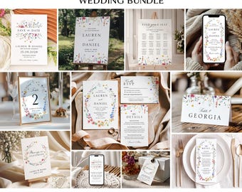 Wildflower Wedding Bundle, Editable Boho Floral Template Package, Minimalist Wedding Reception Set, Printable Large Stationery Bundle