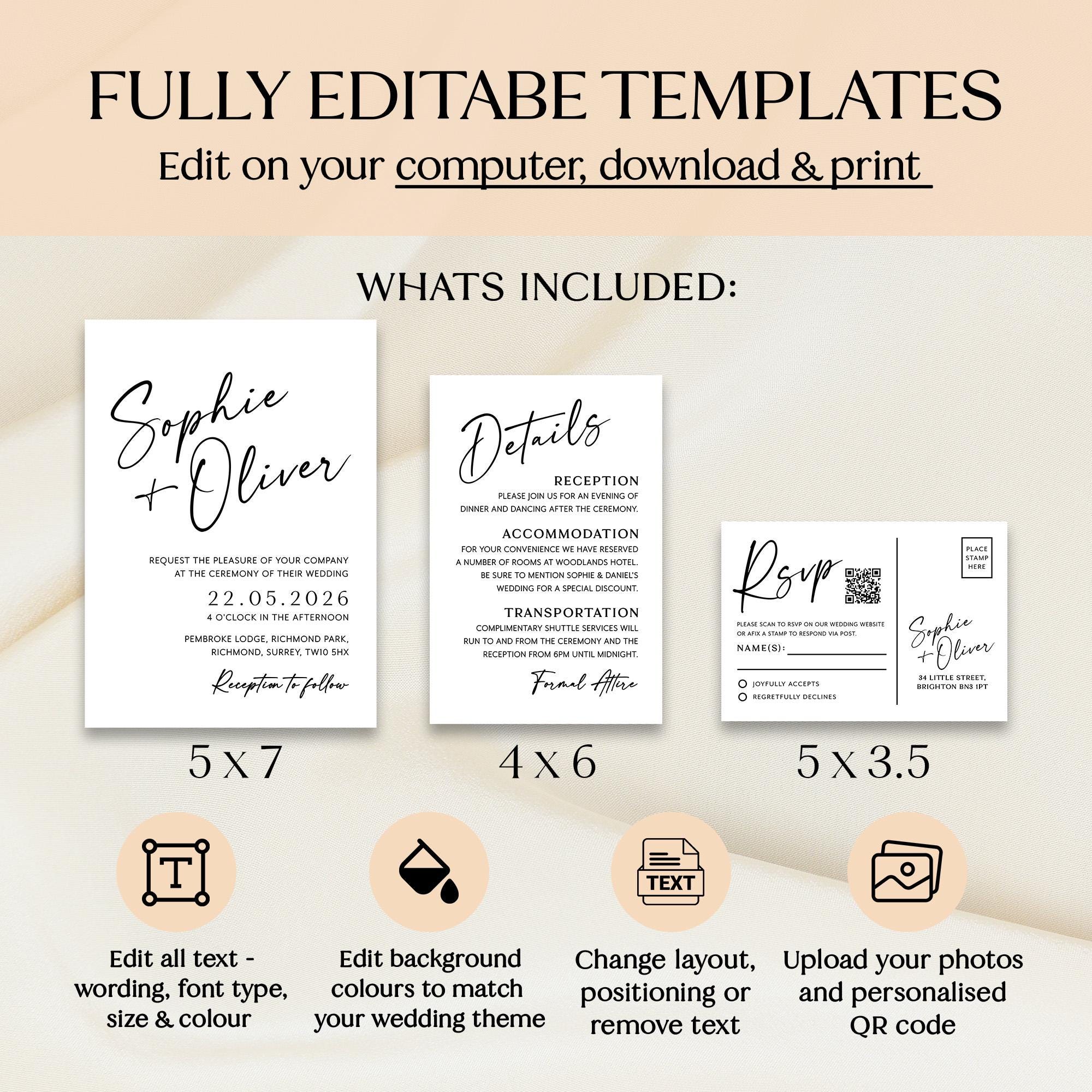 Modern Wedding Invite Set, Minimalist Invitation Template Bundle With ...
