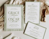 Sage Green Wedding Invitation Suite, Classic Stripe Border Invite Set, Elegant Editable Template, Digital Download, Printable Wedding Bundle