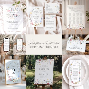 Wildflower Wedding Template Bundle, Editable Boho Floral Invitation Set, Minimalist Wedding Invite Set, Printable Wedding Stationery Bundle
