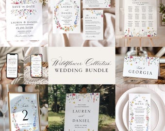 Wildflower Wedding Template Bundle, Editable Boho Floral Invitation Set, Minimalist Wedding Invite Set, Printable Wedding Stationery Bundle
