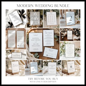 Modern Minimalist Wedding Bundle Template, Editable Monogram Invitation Set, Reception Signs, Large Stationery Package, Instant Download