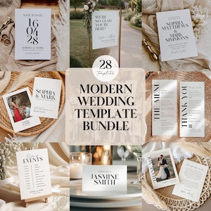 May include: A collection of modern wedding templates, including save-the-date cards, menus, table cards, and thank you notes. The templates feature a minimalist design with black text on a white background. The bundle includes 28 templates.