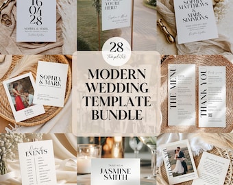 Modern Wedding Reception Template Bundle, Editable Minimalist Wedding Stationery Bundle, Invitation Suite, Large Wedding Template Package