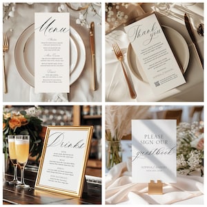 Peut inclure: Ensemble de papeterie de mariage &eacute;l&eacute;gante comprenant un menu, une carte de remerciement, un menu des boissons et un panneau de livre d'or. Le menu et les cartes de remerciement pr&eacute;sentent une calligraphie &eacute;l&eacute;gante. Le menu des boissons est dans un cadre dor&eacute;.