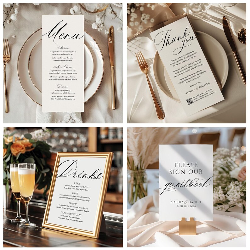 Peut inclure: Ensemble de papeterie de mariage &eacute;l&eacute;gante comprenant un menu, une carte de remerciement, un menu des boissons et un panneau de livre d'or. Le menu et les cartes de remerciement pr&eacute;sentent une calligraphie &eacute;l&eacute;gante. Le menu des boissons est dans un cadre dor&eacute;.