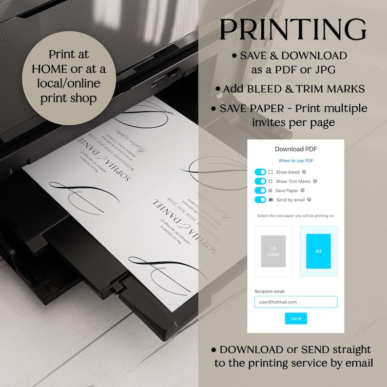 Peut inclure: Une imprimante est pr&eacute;sent&eacute;e avec une invitation de mariage. L'image comprend des instructions pour l'impression &agrave; domicile ou en ligne, et des options pour t&eacute;l&eacute;charger en PDF ou JPG. Le texte sur l'invitation se lit "SOPHIA & DANIEL WEDNESDAY 24TH MAY 2025".