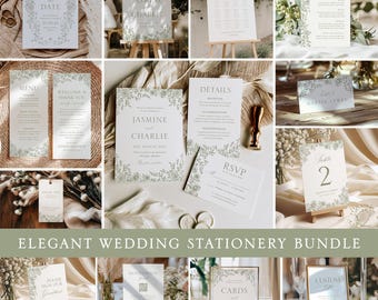 Sage Green Wedding Reception Template Bundle, Editable Floral Toile Stationery Set, Elegant Wedding Invitation Suite, Printable Download