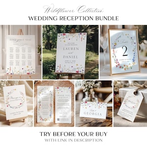 Wildflower Wedding Reception Bundle, Editable Boho Floral Template Package, Whimsical Wedding Reception Set, Printable Stationery Bundle