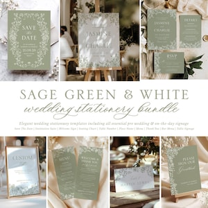 May include: A collection of sage green and white wedding stationery. Includes save the date cards, welcome signs, menus, and place cards. Floral design elements frame the text. The text includes the names Jasmine and Charlie, and the date 21.08.28.