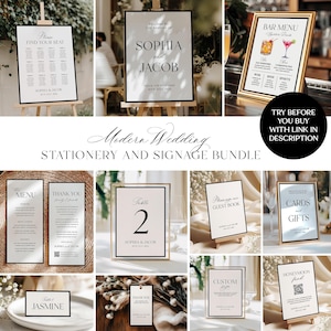Modern Minimalist Wedding Stationery Bundle, Editable Monogram Invitation Set, Classic Reception Table Signs, Large Bundle, Instant Download