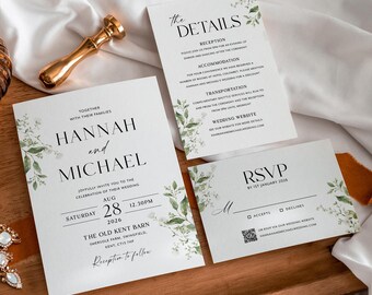 Sage Green Wedding Invitation Suite, Printable Editable Botanical Invite Template Set, Greenery Leaves Invitation Bundle, Instant Download