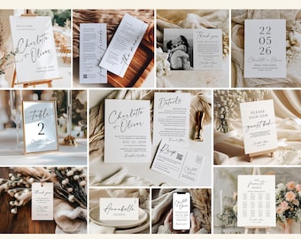 May include: A collection of modern wedding stationery, including invitations, menus, and signage. The designs feature elegant typography and minimalist layouts. The text includes the names "Charlotte + Oliver" and the date "May 22, 2026".