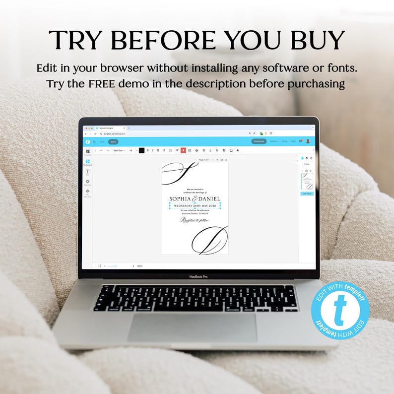 Peut inclure: Un ordinateur portable affiche un mod&egrave;le de faire-part de mariage avec les noms "SOPHIA & DANIEL". L'&eacute;cran montre un design noir et blanc avec une &eacute;criture &eacute;l&eacute;gante. Le texte "TRY BEFORE YOU BUY" est en haut. Un logo bleu et blanc "Edit with Templett" est en bas &agrave; droite.