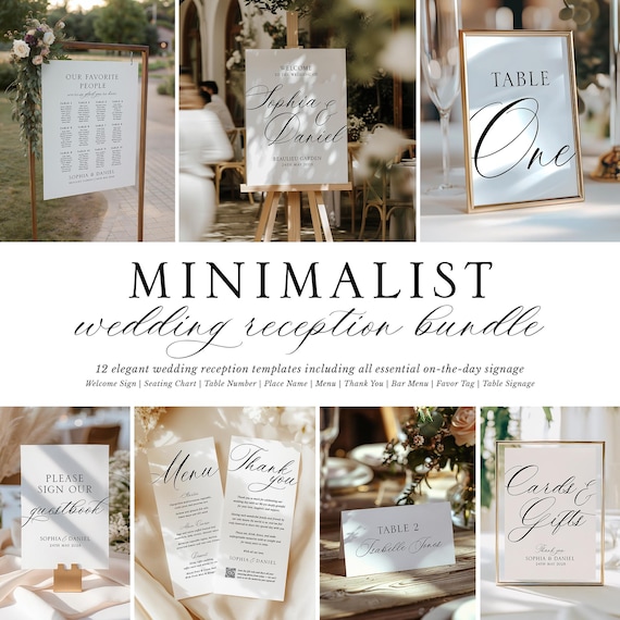 Minimalist Wedding Reception Bundle, Printable Elegant Script Wedding Set, Editable Templates Stationery Set, Large Wedding Sign Package