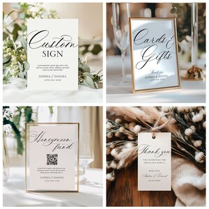 Peut inclure: Ensemble de panneaux et d'&eacute;tiquettes de mariage avec une calligraphie &eacute;l&eacute;gante. Les panneaux indiquent "Custom Sign", "Cards & Gifts" et "Honeymoon Fund". Les &eacute;tiquettes disent "Thank you". Tous portent les noms de Sophia & Daniel et la date du mariage.
